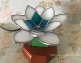 **SOLD** White Lotus with Green Stained Glass Lamp