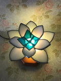 **SOLD** White Lotus with Green Stained Glass Lamp