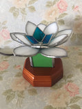 **SOLD** White Lotus with Green Stained Glass Lamp